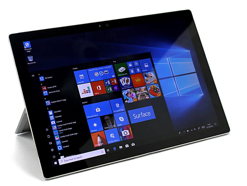 microsoft tablet with windows home screen and menu